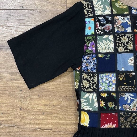 Vintage Patchwork Dress Womens M Multicolor Black Crinkle Textured Button Boho - Picture 10 of 12